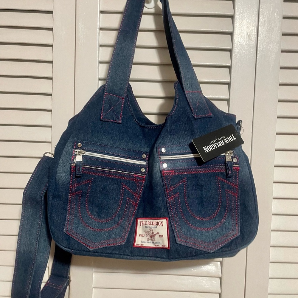True Religion Dark Blue Denim Shoulder Bag with Pink Stitching